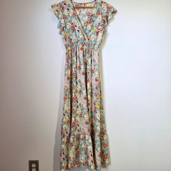 NEVER WORN SHEIN SURPLICE V NECK FLUTTER SLEEVES FLORAL BOHO MAXI DRESS SZ L - Picture 1 of 15